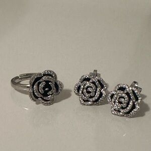 Silver Black Rose CZ Ring and Stud Earring Set
Adjustable Ring, Clip on Earrings